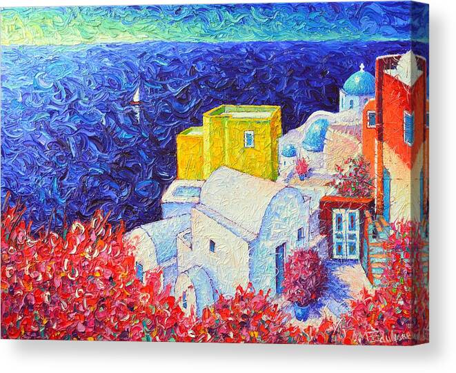 Santorini Canvas Print featuring the painting SANTORINI OIA COLORS modern impressionist impasto palette knife oil painting by ANA MARIA EDULESCU by Ana Maria Edulescu
