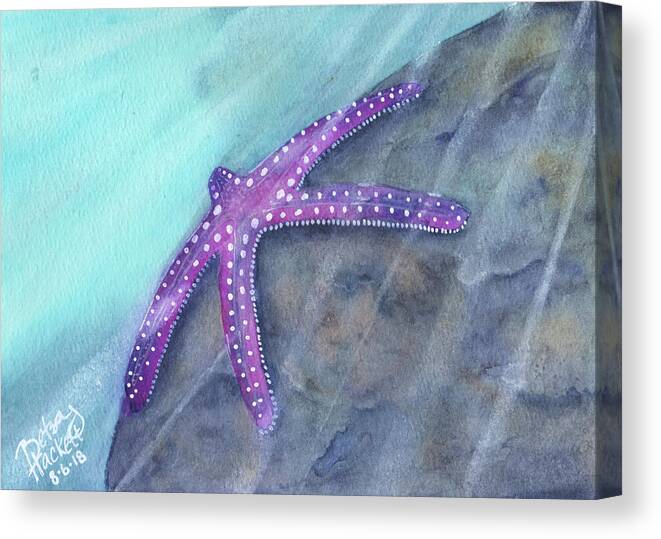 Watercolor Sea Star Water Ocean Rock Sun Sunlight Rays Purple Canvas Print featuring the painting Sea Star Rays by Betsy Hackett