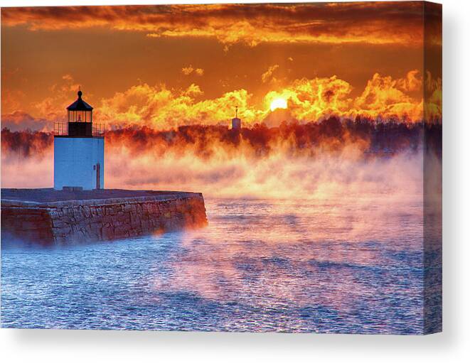 Derby Wharf Salem Canvas Print featuring the photograph Seasmoke at Salem Lighthouse by Jeff Folger