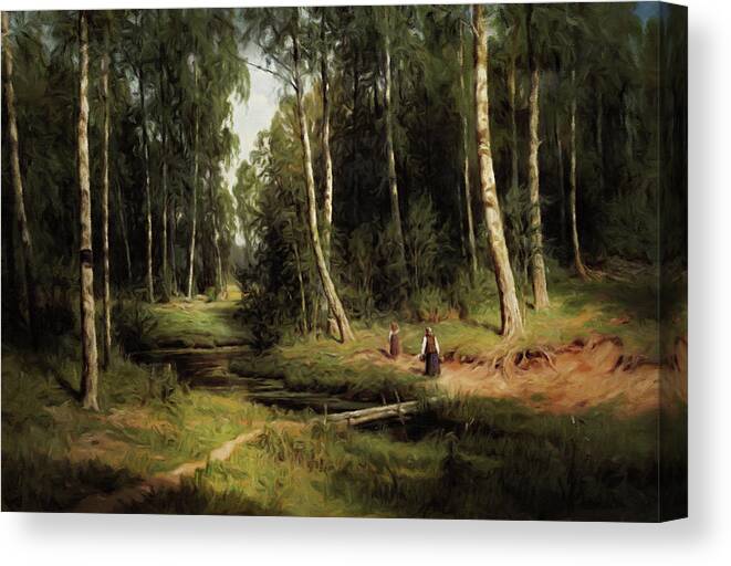 Secrets Of A Birch Forest Canvas Print featuring the mixed media Secrets Of A Birch Forest by Georgiana Romanovna