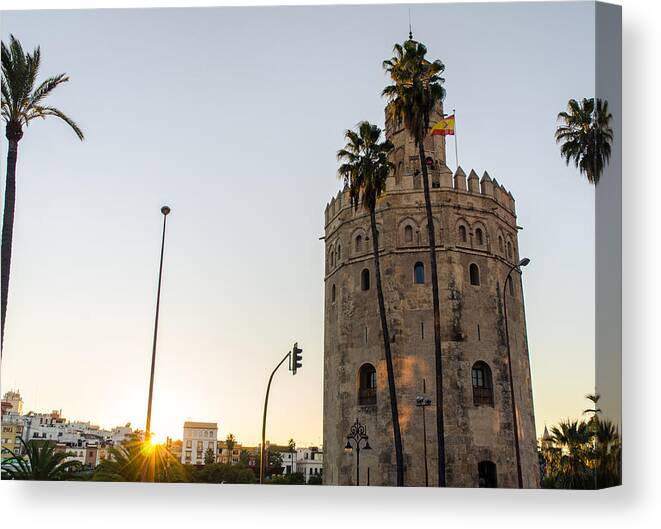 Seville Canvas Print featuring the photograph Seville - Torre del oro at sunset by AM FineArtPrints