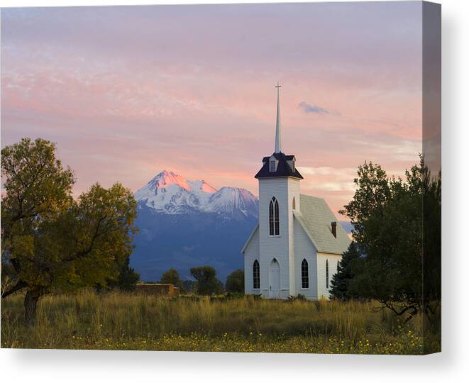 Loree Johnson Canvas Print featuring the photograph Shasta Alpenglow with Historic Church by Loree Johnson