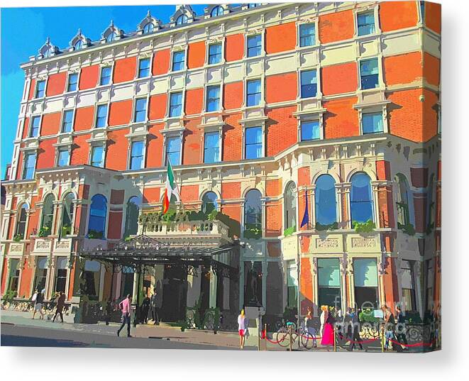 Shelbourne Canvas Print featuring the painting Art of Shelbourne hotel Dublin by Mary Cahalan Lee - aka PIXI