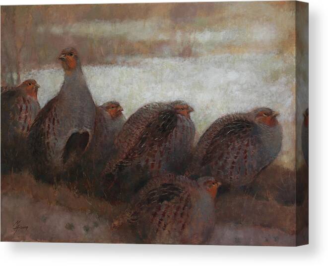 Partridge Canvas Print featuring the painting Six Partridges by Attila Meszlenyi