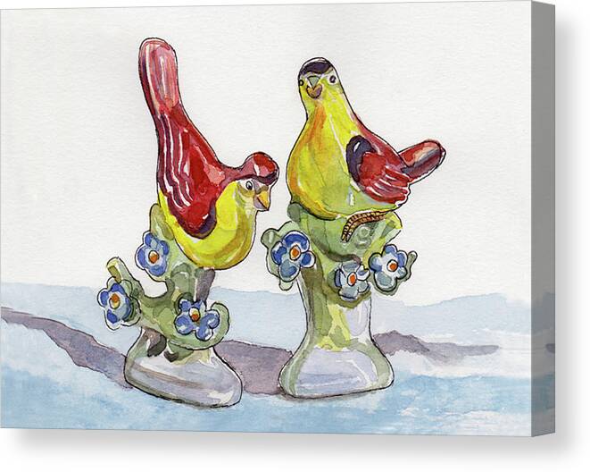 Salt And Pepper Shakers Canvas Print featuring the painting Spring Lovebirds by Julie Maas