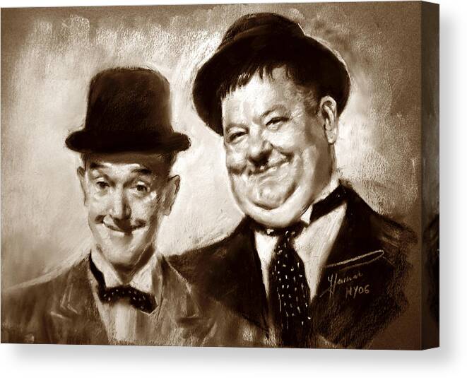 Stan Laurel Canvas Print featuring the drawing Stan Laurel Oliver Hardy by Ylli Haruni