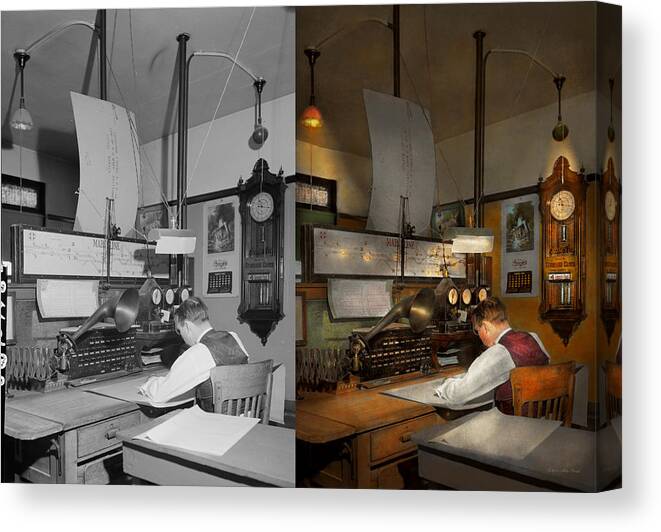Train Dispatch Canvas Print featuring the photograph Steampunk - RR - The train dispatcher 1943 Side by Side by Mike Savad