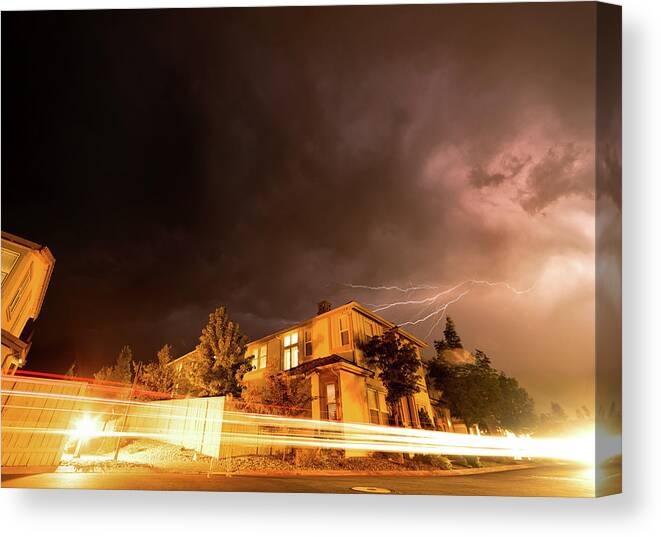 Reno Canvas Print featuring the photograph Summer Lightning and Light Trails in a Suburban Setting at Night in Reno Nevada by Brian Ball