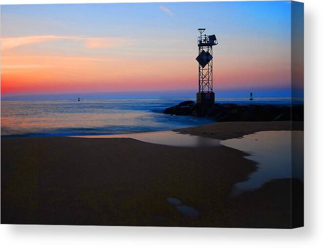 Dawn Canvas Print featuring the photograph Sunrise coming at Ocean City inlet by Bill Jonscher