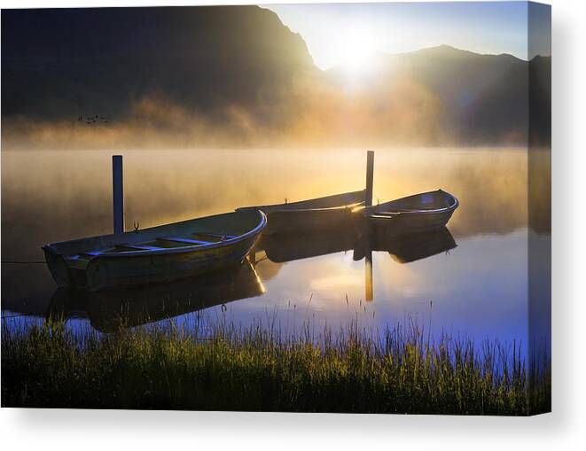 Sunrise Canvas Print featuring the photograph Sunrise on Llyn Nantlle by Mal Bray