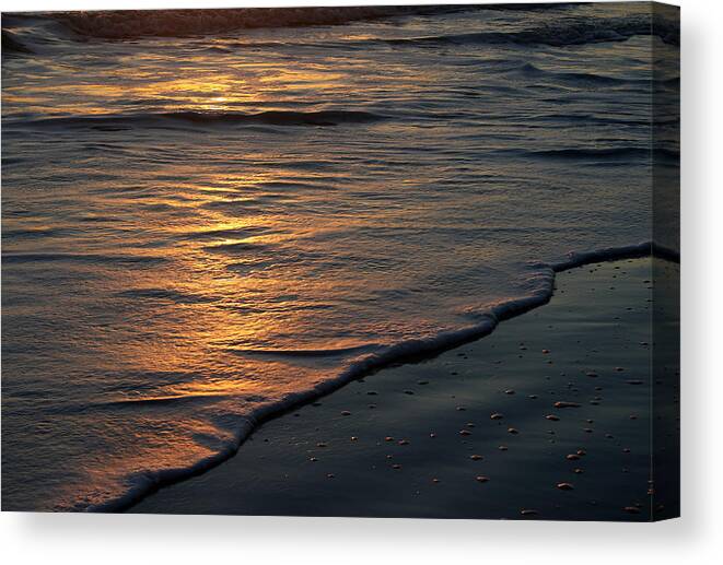 Ocean Beach Sun Sunrise Reflection Wave Tide Bright Orange Gold Water Vacation Canvas Print featuring the photograph Sunrise Waves by Andrei Shliakhau