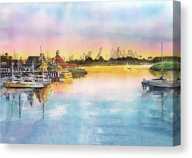 Shoreline Village Canvas Print featuring the painting Sunset at Shoreline Village by Debbie Lewis
