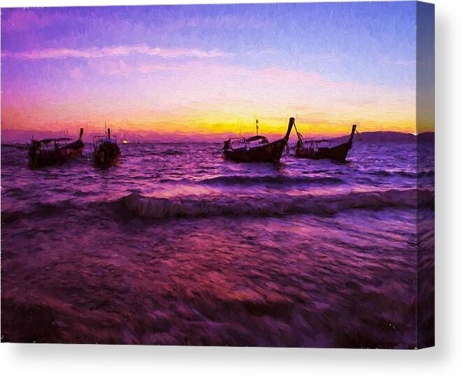 Landscape Canvas Print featuring the digital art Sunset Boats by Charmaine Zoe