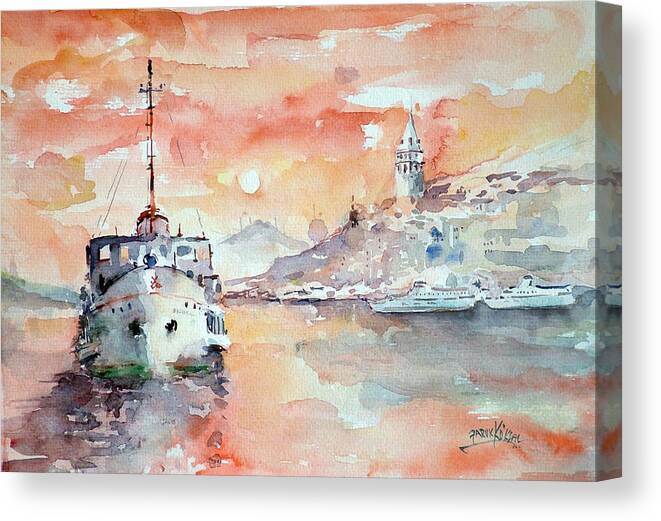 Ship Canvas Print featuring the painting Sunset In Istanbul... by Faruk Koksal