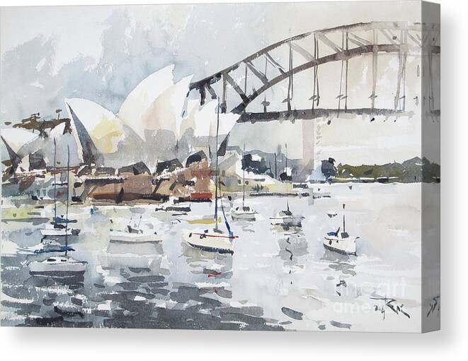 Watercolour Canvas Print featuring the painting Sydney Opera by Tony Belobrajdic