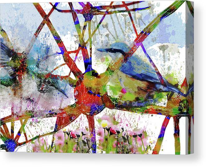 Synapses Canvas Print featuring the mixed media Synapses with Birds and Flowers by Ann Leech