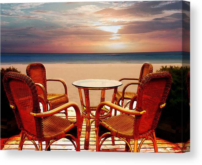 Beach Canvas Print featuring the painting Table for Four at the Beach at Sunset by Elaine Plesser