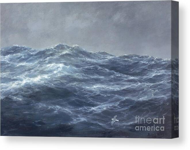 Rolling Waves; Wave; Seascape; Turbulent; Stormy; Ominous; Rough Sea; Ocean; Gull; Flying; Storm; Choppy; Darkening Skies; Water Canvas Print featuring the painting The Gull's Way by Richard Willis