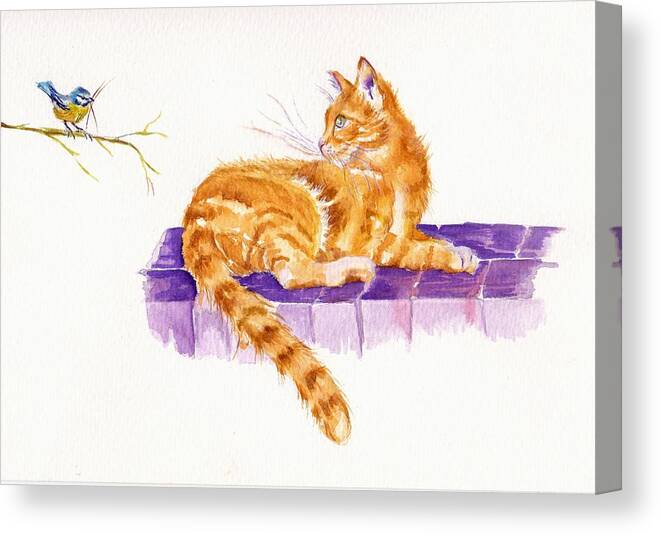 Blue Tit Canvas Print featuring the painting Ginger Cat - The New Neighbour by Debra Hall