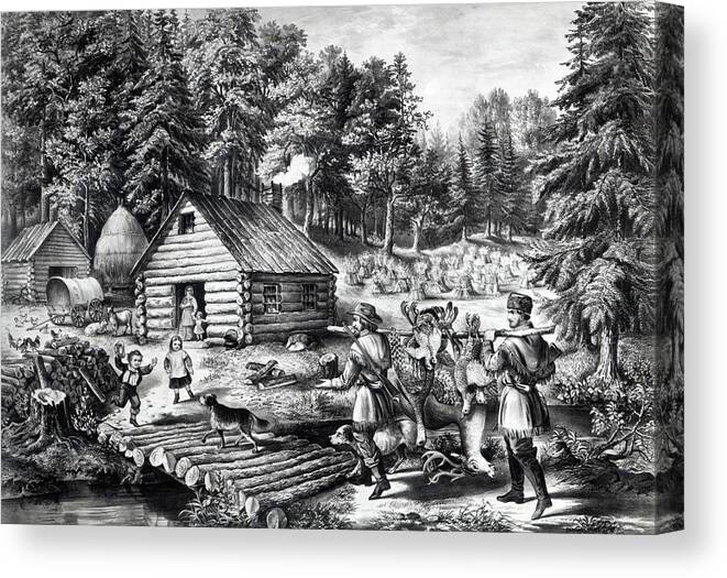Pioneer Canvas Print featuring the drawing The Pioneer's Home on the Western Frontier by Currier and Ives