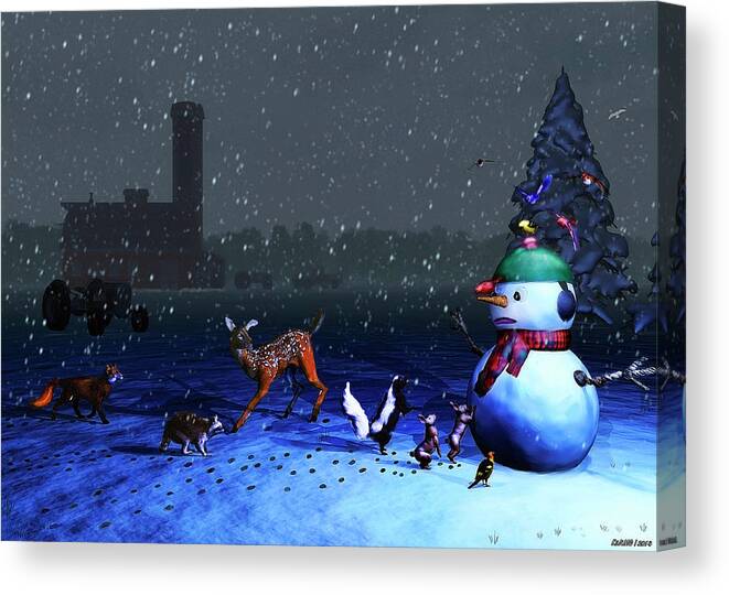Snowman Canvas Print featuring the digital art The Snowman's Visitors by Ken Morris