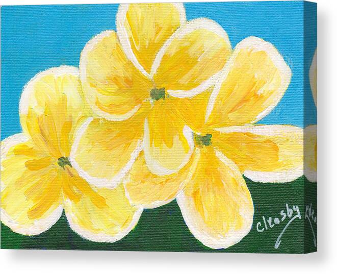 Yellow Canvas Print featuring the painting Three Flowers on Blue by Patricia Cleasby