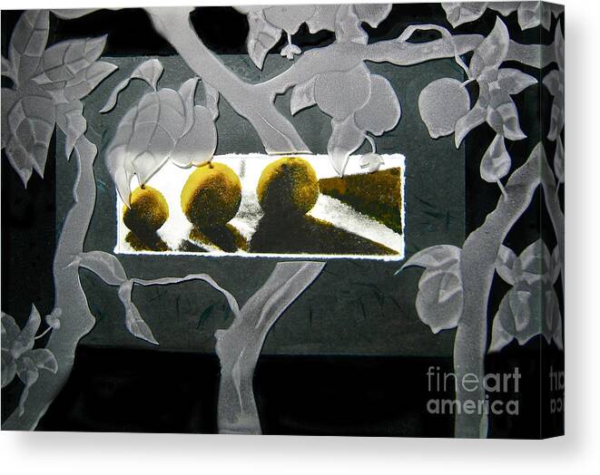 Black Canvas Print featuring the photograph Three Lemons by Alone Larsen