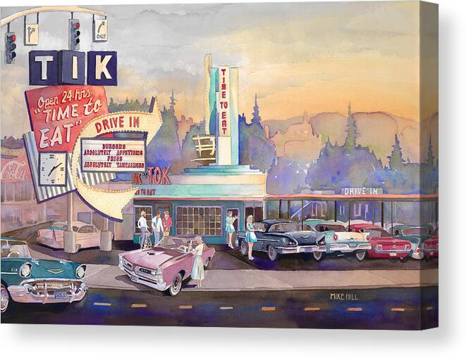 Tik Tok Tick Tock Drive In Drive-in Cars Autos Automobile Car Chevrolet Ford Mustang Pontiac Gto Impala Time To Eat Cruise Sandy Intersection Date Stop Light Car Hop Burgers Fries Shake Portland Oregon Sunset Canvas Print featuring the painting Tik Tok Drive-Inn by Mike Hill