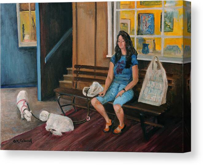 Woman With Animals Canvas Print featuring the painting Sheepwalking in Peddlers Village by Aurelia Nieves-Callwood