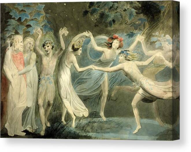 William Blake 1757–1827  Oberon Canvas Print featuring the painting Titania and Puck with Fairies Dancing by William Blake