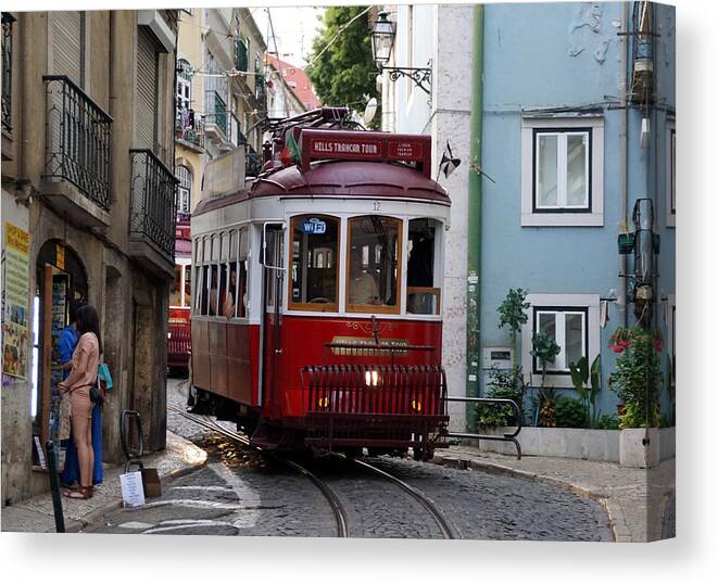 Lisbon Canvas Print featuring the photograph Tram in Lisbon by Jolly Van der Velden