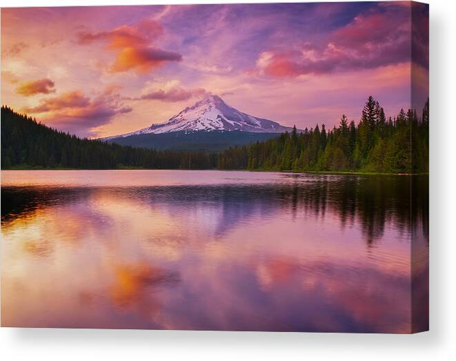 Sunset Canvas Print featuring the photograph Trillium Lake Pastels by Darren White