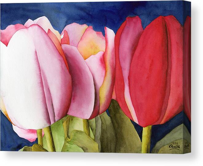 Watercolor Canvas Print featuring the painting Triple Tulips by Ken Powers