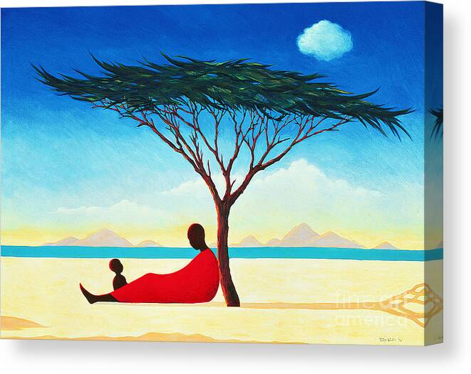 Landscape; Heat; Mother And Child; Resting; Negress; Shadow; Shade; Cloud; Peaceful; Calm; African; Africa; Afternoon; Woman; Blue Sky; Mountain; Mountains; Tree Canvas Print featuring the painting Turkana Afternoon by Tilly Willis