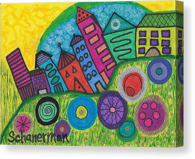 Festive Canvas Print featuring the drawing Turning Funky City On Its Ear by Susan Schanerman