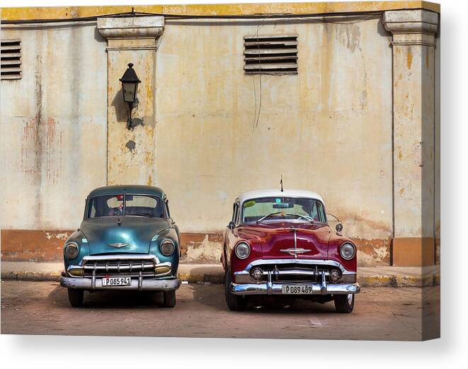 Old Canvas Print featuring the photograph Two Old Vintage Chevys Havana Cuba by Charles Harden