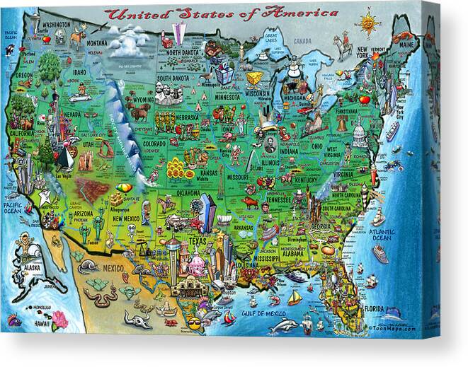 Usa Canvas Print featuring the digital art United States of America Fun Map by Kevin Middleton