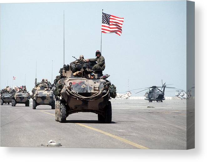 History Canvas Print featuring the photograph Us Marines Roll Into Kuwait by Everett