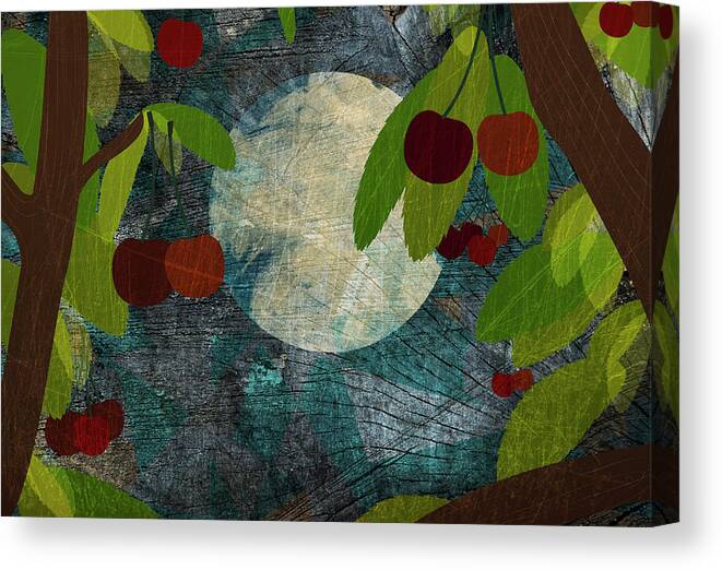 Horizontal Canvas Print featuring the digital art View Of The Moon And Cherries Growing On Trees At Night by Jutta Kuss