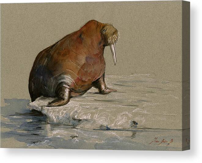 Walrus Canvas Print featuring the painting Walrus on ice by Juan Bosco