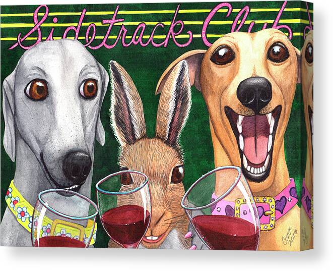 Greyhound Canvas Print featuring the painting Wining with the rabbit. by Catherine G McElroy