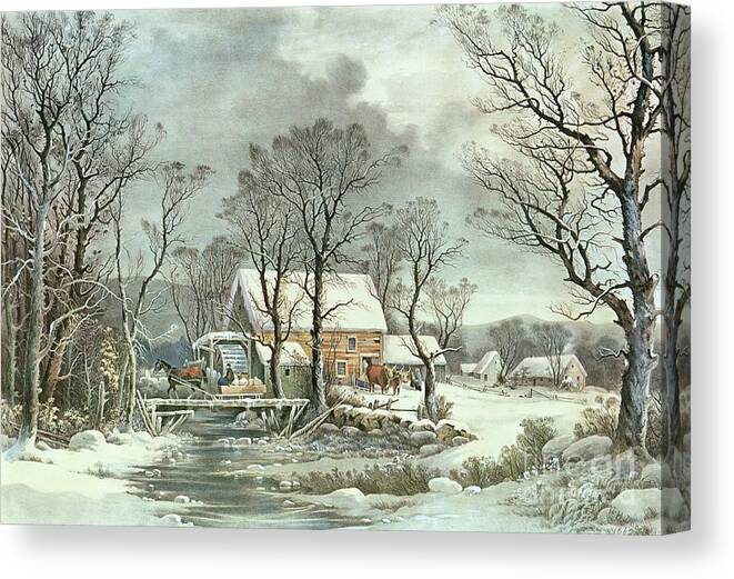 Winter In The Country - The Old Grist Mill Canvas Print featuring the painting Winter in the Country - the Old Grist Mill by Currier and Ives