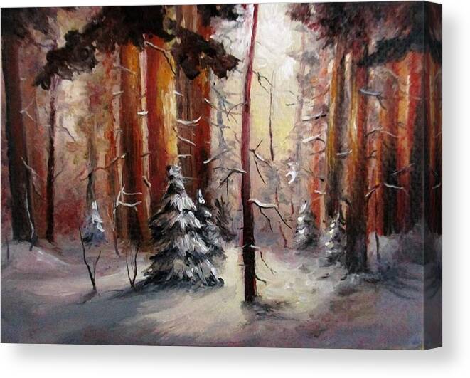 Winter Trees Canvas Print featuring the painting Winter wood aceo painting by Natalja Picugina