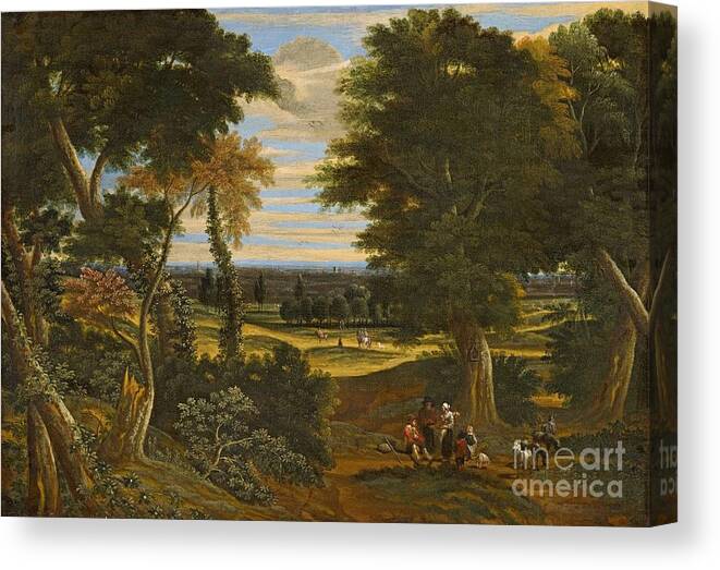 Jacques D' Arthois Canvas Print featuring the painting Wooded Landscape With Shepherds And Horsemen by MotionAge Designs