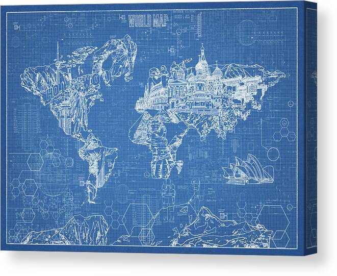 Map Of The World Canvas Print featuring the digital art World Map Blueprint by Bekim M