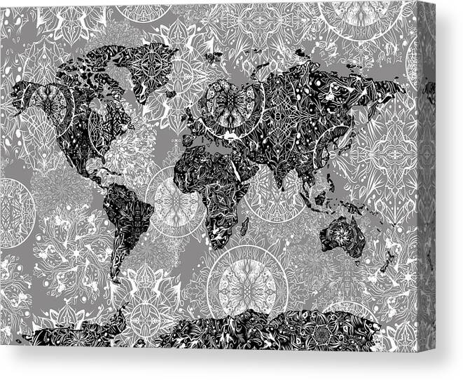 Map Of The World Canvas Print featuring the digital art World Map Mandala Grey by Bekim M