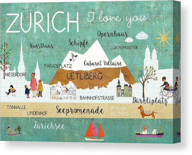 Zurich I Love You Canvas Print featuring the mixed media Zurich I love you by Claudia Schoen