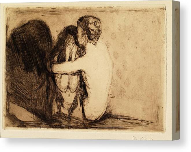 Etching Canvas Print featuring the drawing Consolation by Edvard Munch