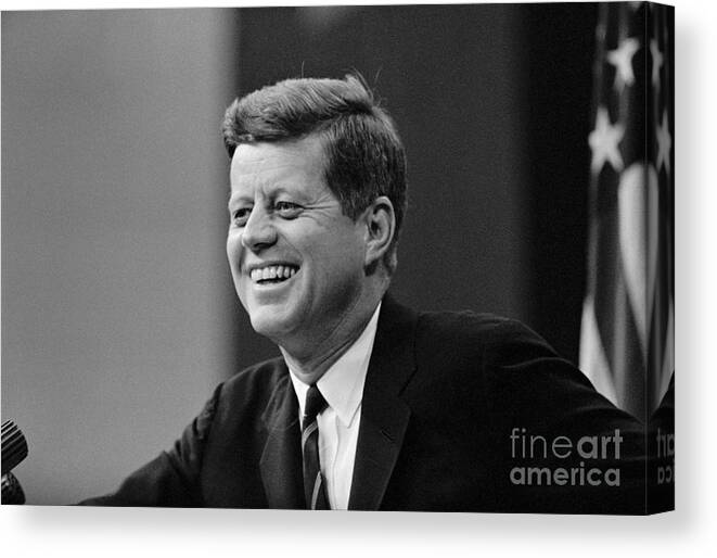 John F. Kennedy - Us President Canvas Print featuring the photograph Portrait Of President John F. Kennedy #1 by Bettmann