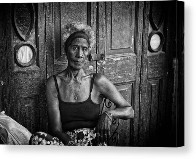 #solitude #isolation #lonely #loneliness #portrait #lady #woman #cardenas #cuba #street #bnw #black And White #old #elderly #club #pride #vain #proud #rest #corner #club Canvas Print featuring the photograph Solitude #1 by Tali Stein